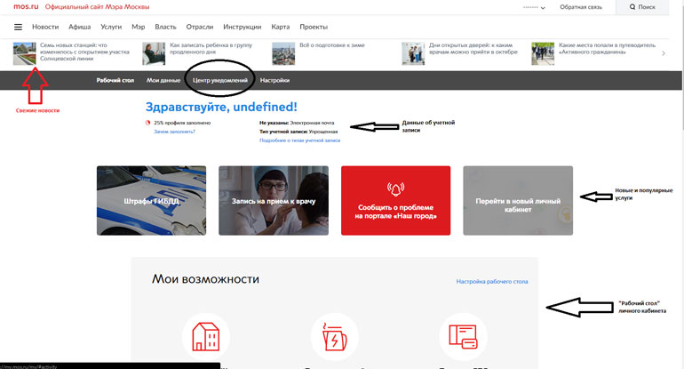 Страница личного кабинета сразу после регистрации на портале Госуслуг Москвы